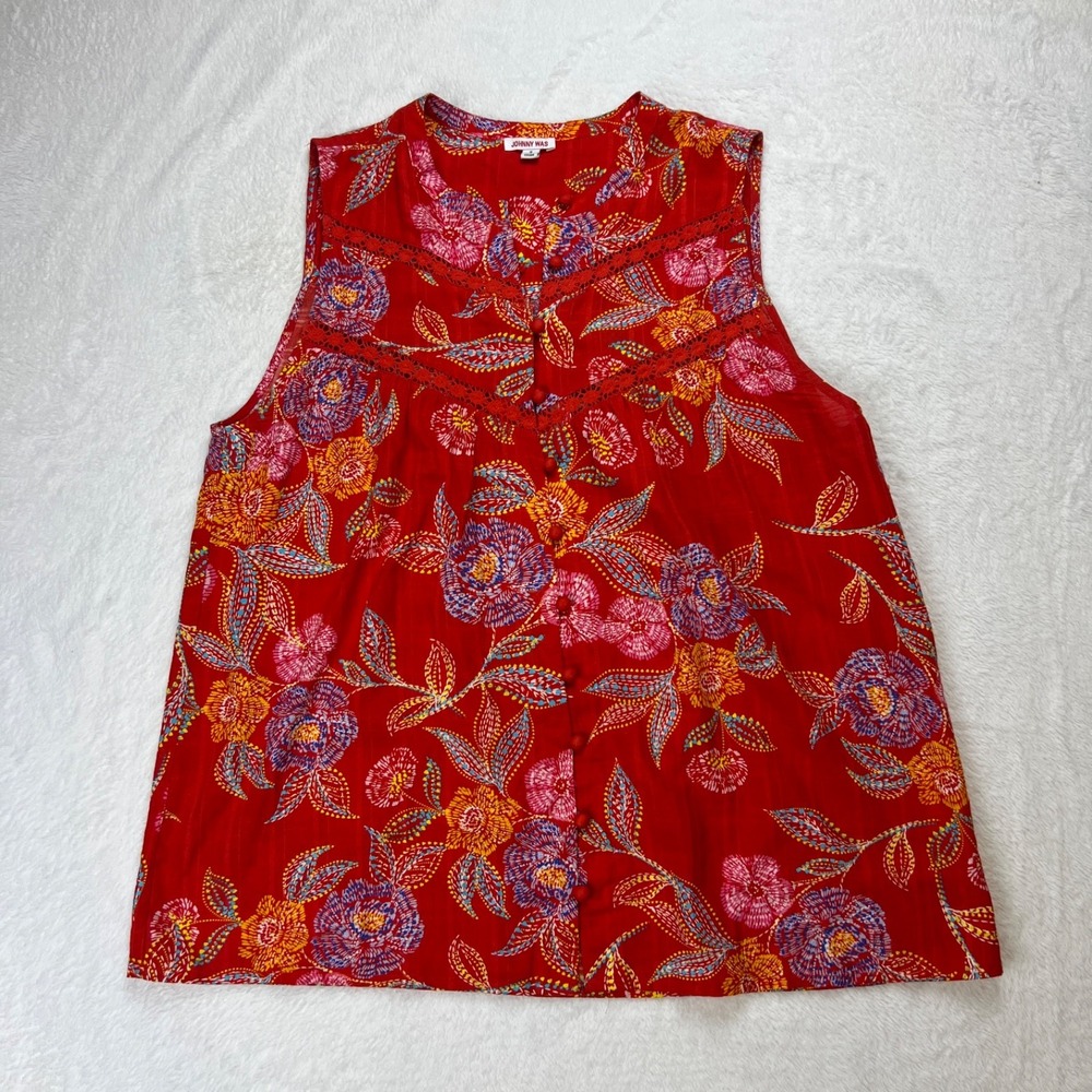 Johnny Was Calme Red Floral Embroidered Mandarin Collar Blouse Small R11524-4